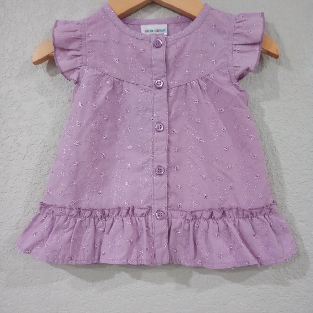 Okie Dokie Girls Sz 2 Floral Embroidered Ruffle Button Blouse